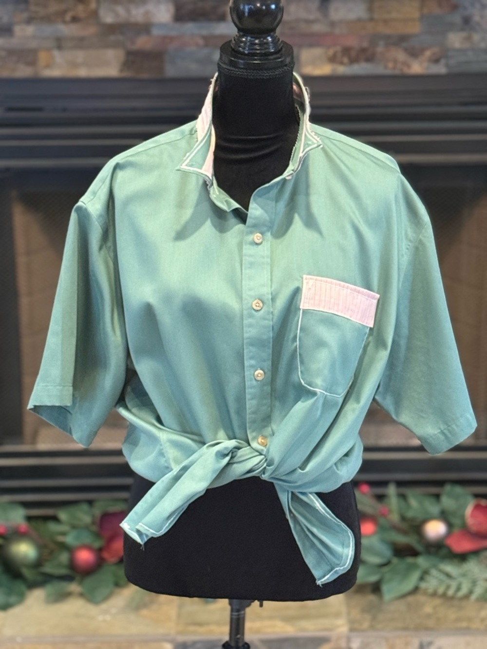 Upcycled Lands EndTeal Short-Sleeve Button-Up Shirt with Pink Trim